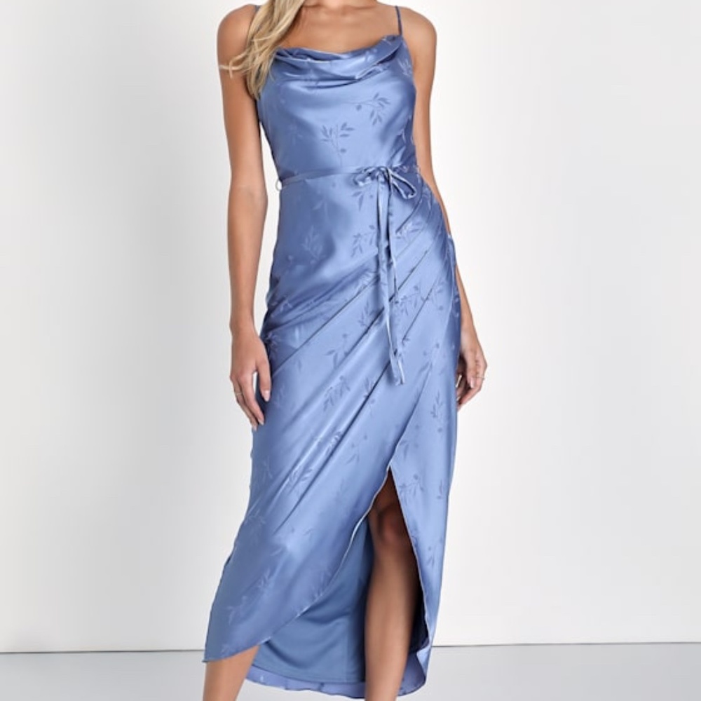 Lulus Sophisticated Sight Periwinkle Satin Jacquard Cowl Midi Dress Blue